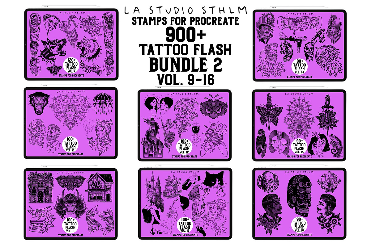 BUNDLE 2 - Tattoo Flash - Stamp Sets, a Brush Add-On by LA Studio Sthlm (Photo 1 of 17)