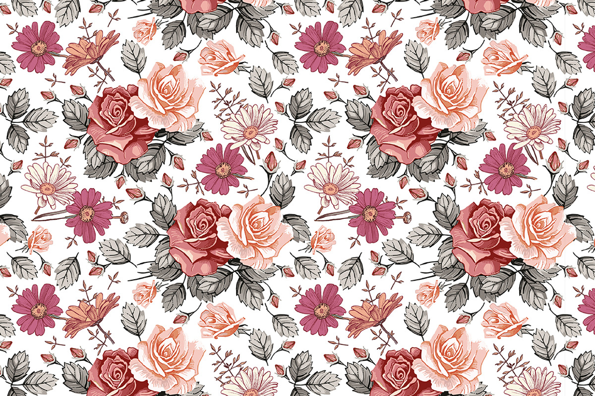 Seamless Flowers Rose Chamomile, a Pattern Graphic by Vintage (Photo 4 of 6)