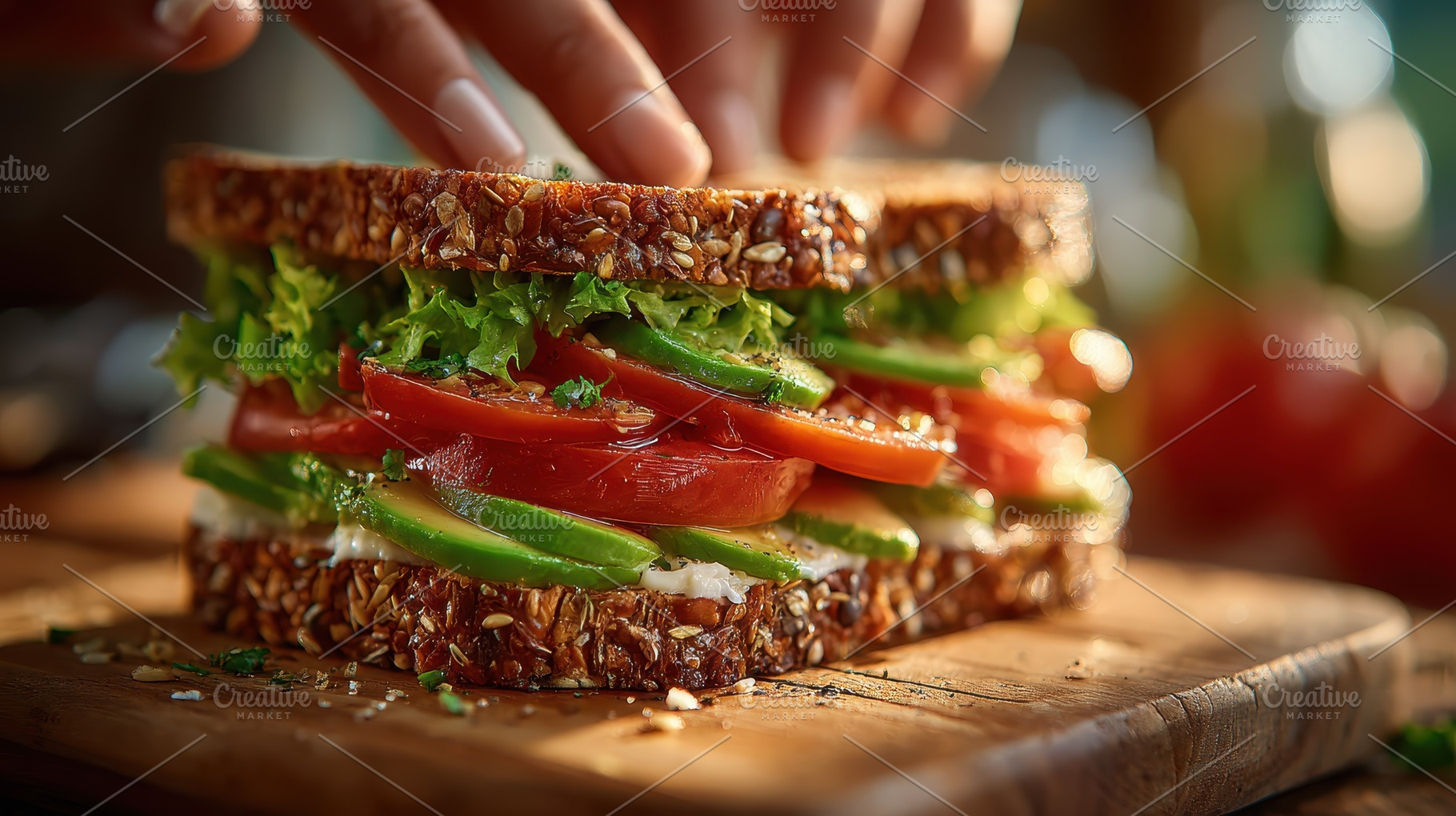 Delicious Avocado Tomato Sandwich on, a Photo by Pixeness Studio