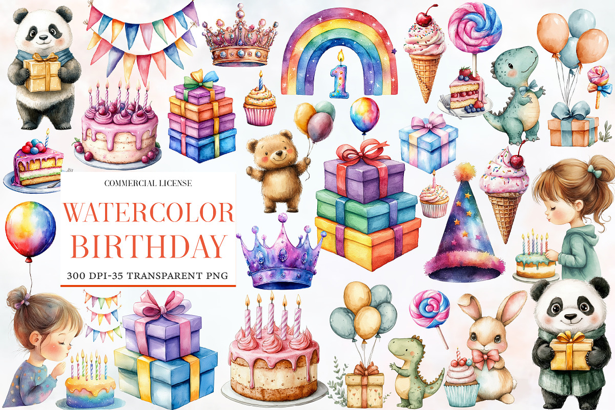 Birthday Watercolor Cliparts, an Illustration by Designworld (Photo 1 of 5)