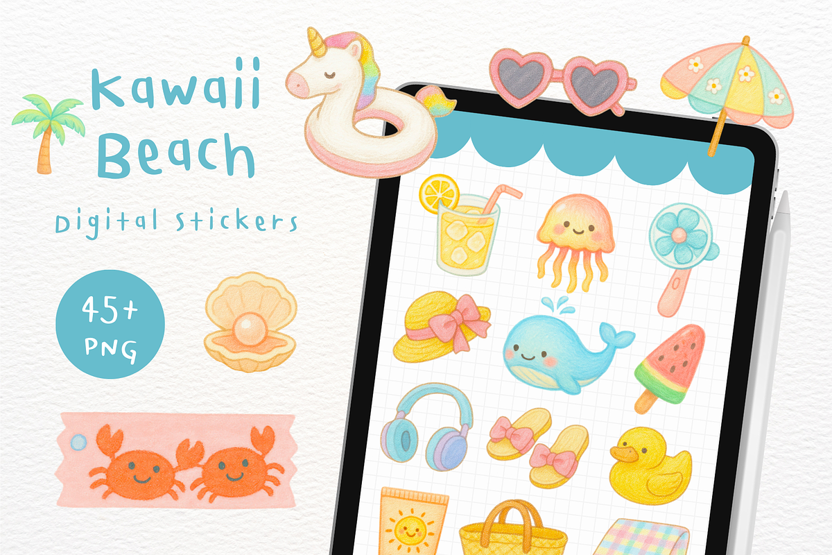 Kawaii Beach Goodnotes Stickers, an Illustration by mimimeow (Photo 1 of 3)