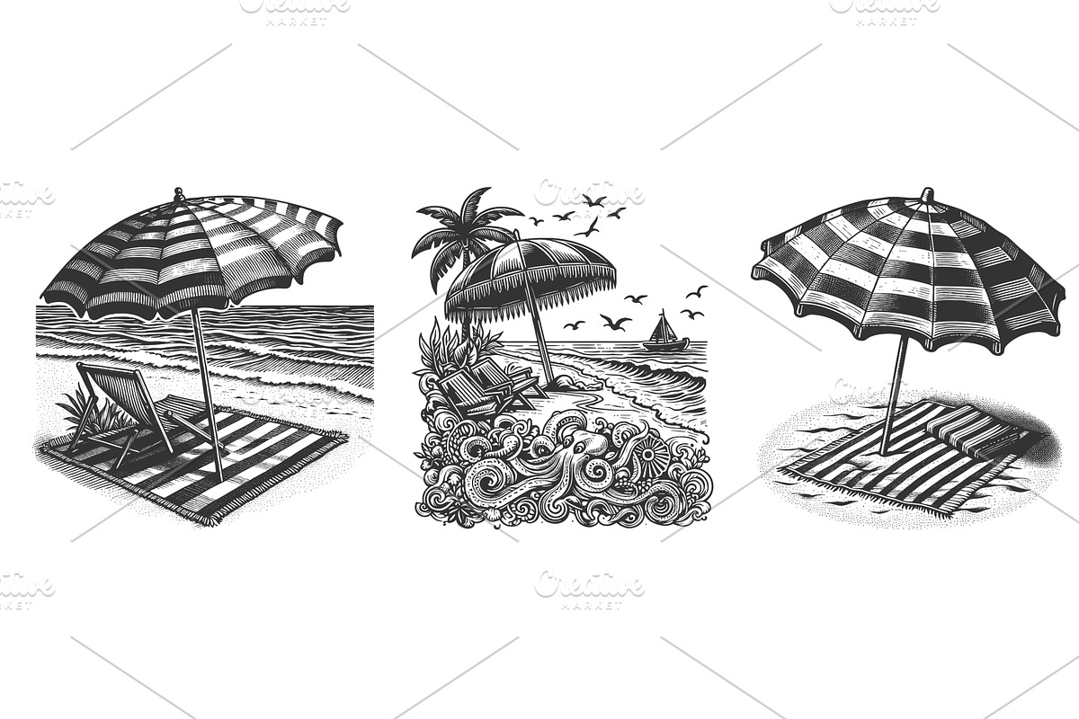 Beach Umbrella Chair engraving, a Sport Illustration by AlexArt