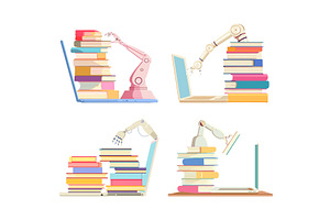 Laptop with robo hand flat vector, an Education Illustration by Onyx