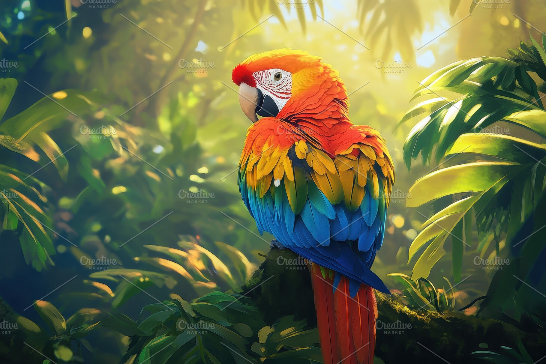 A vivid jungle scene with parrots, a Photo by Pavel_design