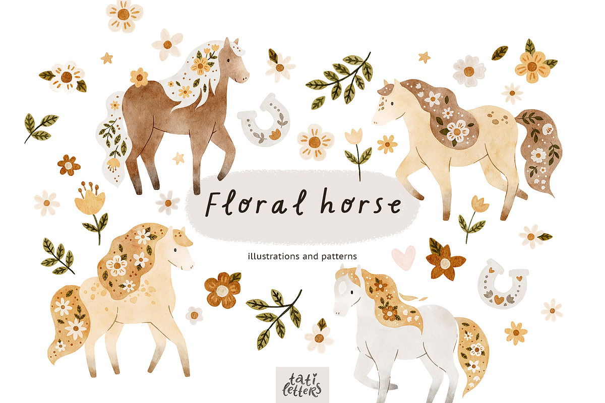 Floral horse clipart & patterns, an Animal Illustration by tatiletters (Photo 1 of 9)