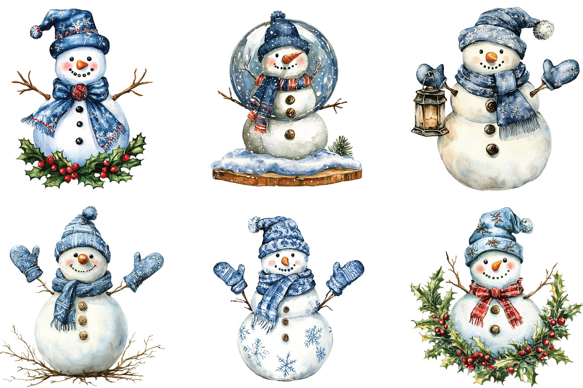 Christmas Blue Toile Snowman Clipart, an Illustration by CraftArtStudio (Photo 2 of 6)