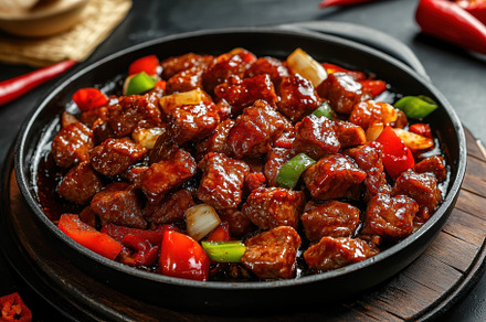 Sizzling hot plate of juicy meat and, a Photo by Tanuart