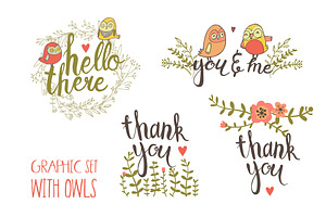 Set with owls and flowers