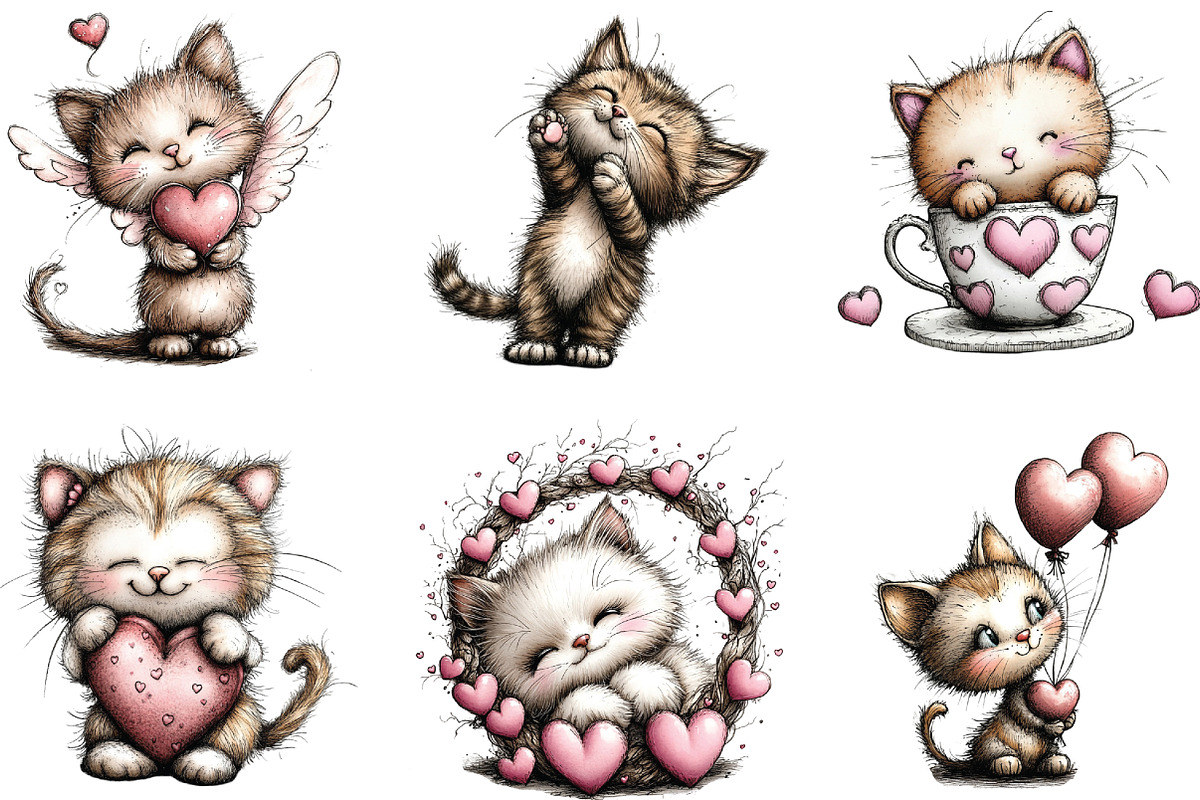Whimsical Valentine Cats Clipart, an Illustration by CraftArtStudio (Photo 4 of 6)