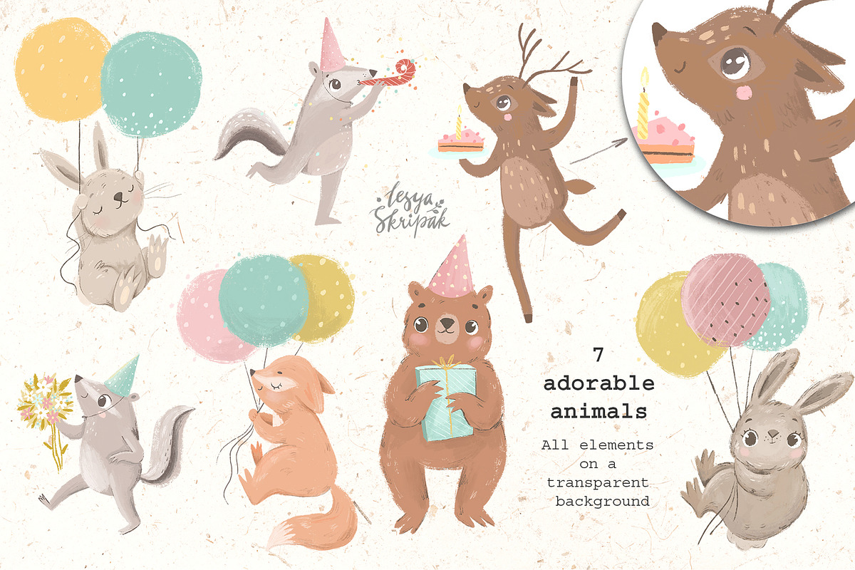 Birthday Clipart, Cards, an Animal Illustration by Lesya Skripak (Photo 2 of 10)