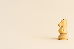 Chess knight piece on plain beige ba, a Photo by Dvoevnore photos