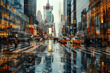Evening downpour in a bustling city, a Photo by LOGOCREATIVE