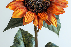 Artificial sunflower with textured orange petals and green fabri, a Nature Photo by José Manuel Gelpi