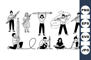 Kids With Giant Pencil SVG Set, an Illustration by designvectx