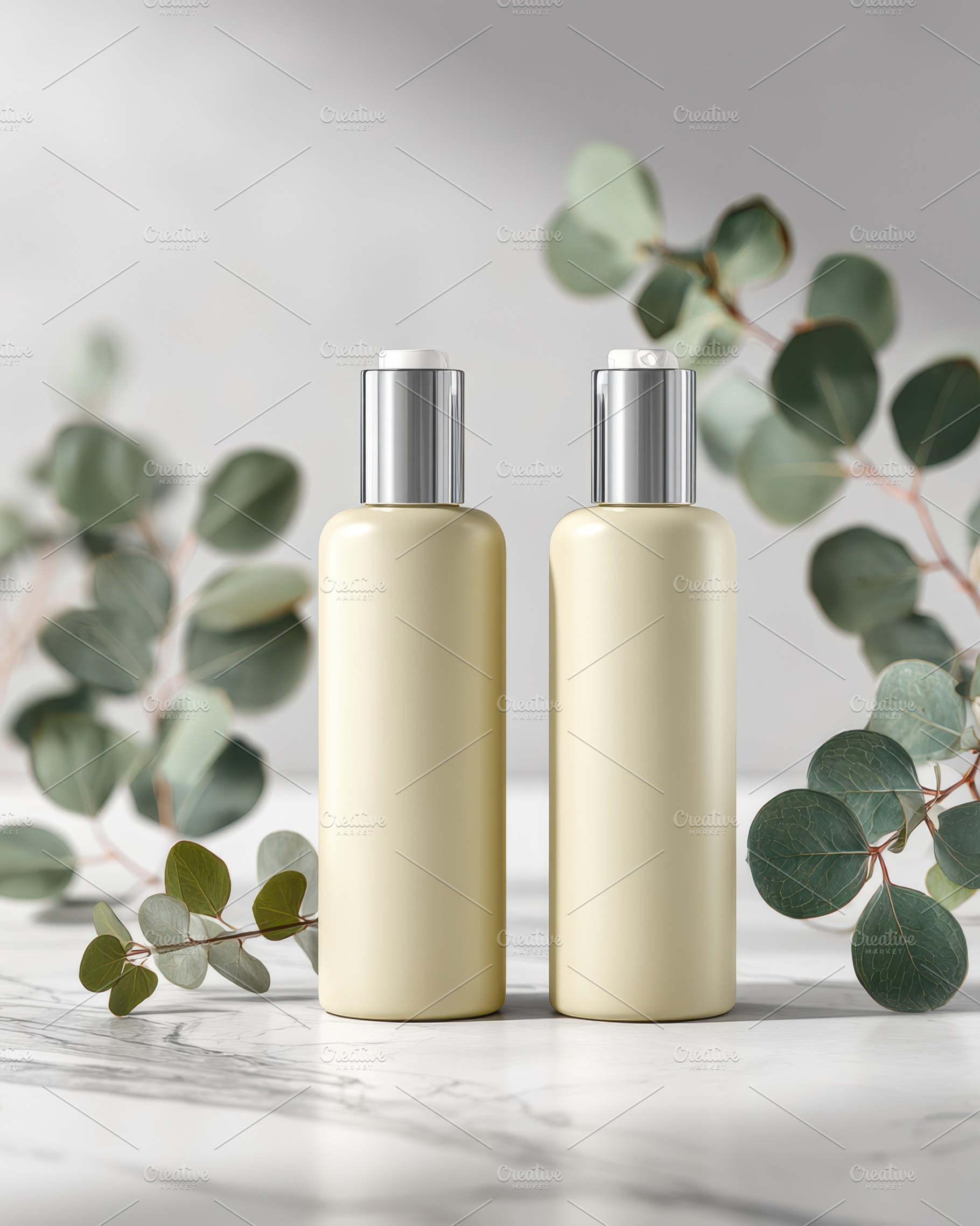 Pastel cosmetic bottles on marble with eucalyptus, a Beauty & Fashion Photo by AlyaAnd
