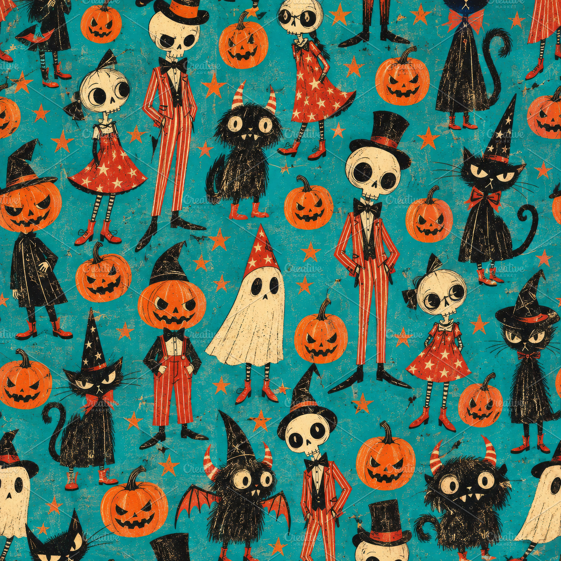 Vintage Halloween pattern with dressed skeletons, witches, black, an Arts & Entertainment Photo by Imaginarium