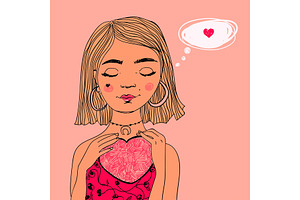 Pretty Dreaming Girl In Love With Heart Shape In Her Hands. Vector Romantic Valentine's Day Colorful Illustration.