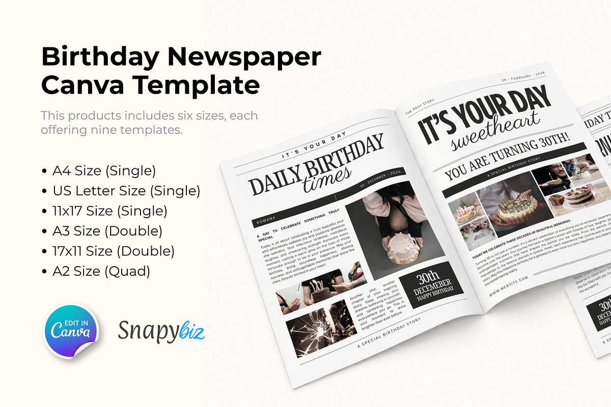 Birthday Newspaper Canva Template, a Magazine Template by Snapybiz (Photo 9 of 10)