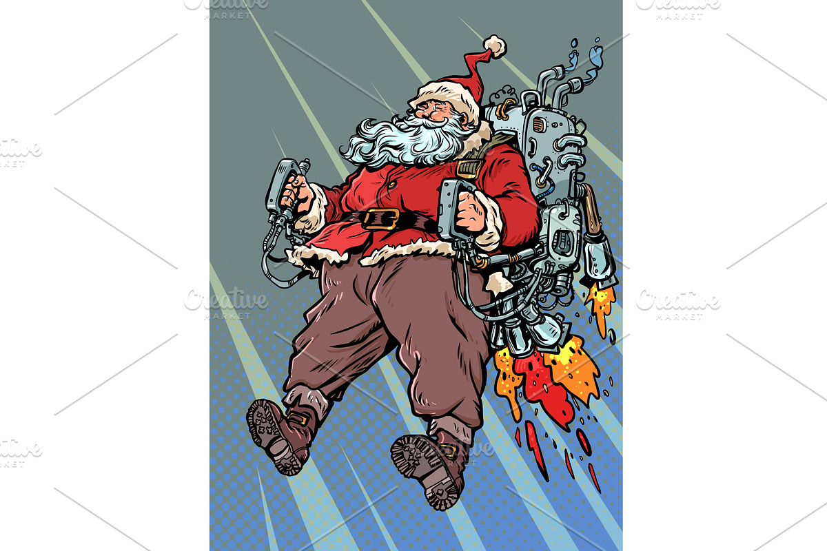 Pop Art Retro Santa Claus flies on, an Illustration by studiostoks