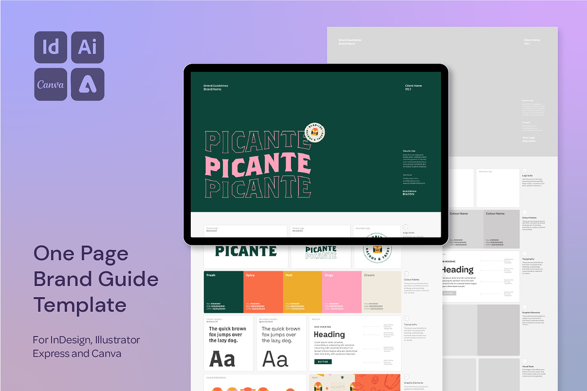 One Page Brand Guide InDesign, Canva, a Templates & Theme by Hannah Bacon Design (Photo 1 of 6)