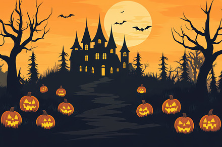 Halloween night scene with a haunted house, bats, and carved pumpkins glowing o, a Holiday Photo by Mashimara