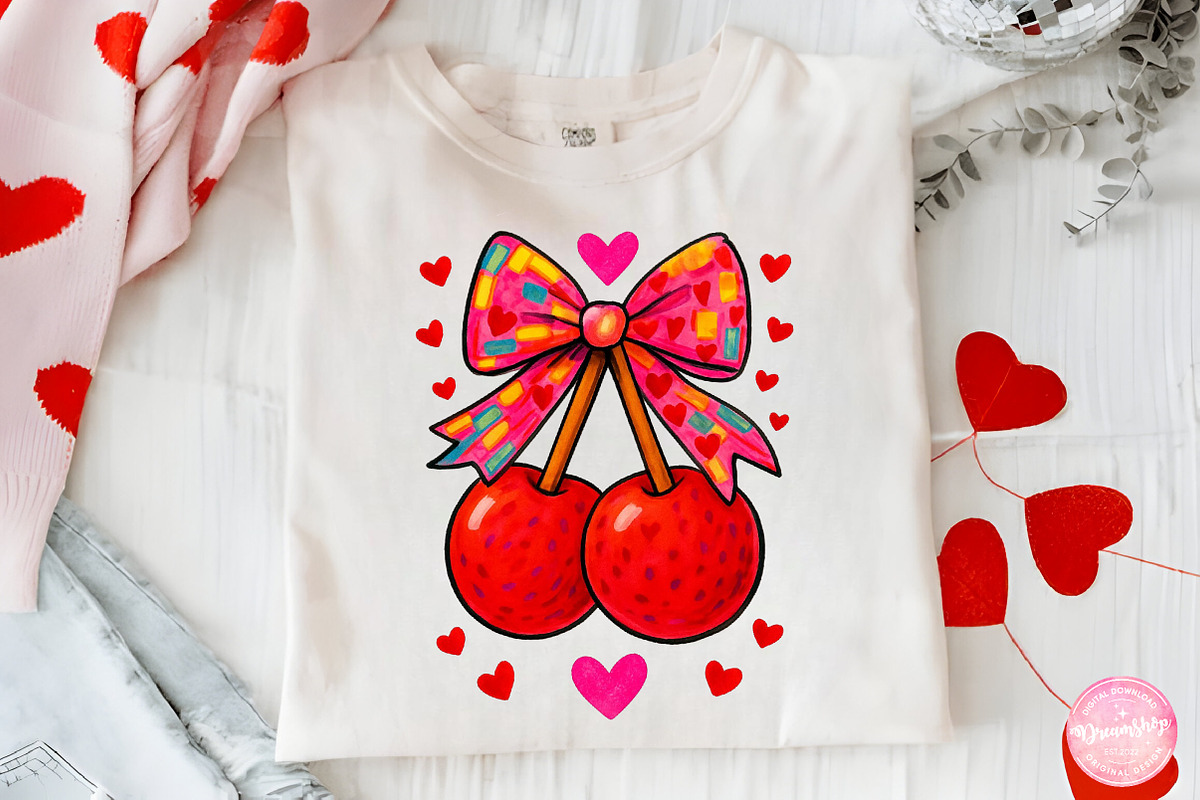 Cherries In Yarn Texture With Bow, an Illustration by CreationArt (Photo 2 of 5)