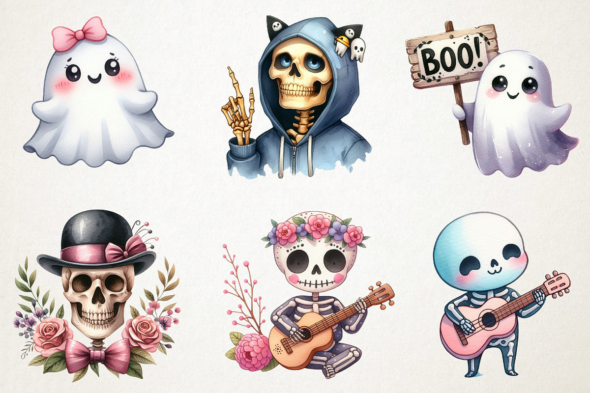 Cute Ghosts  Kawaii Skeletons PNG, an Illustration by RobertsArt (Photo 6 of 7)