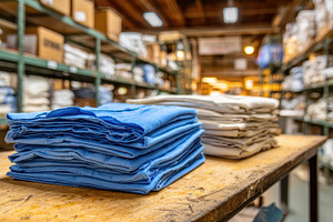 Stacked blue and beige fabric wareho, a Photo by Pixeness Studio