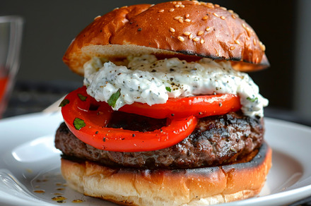 A hamburger topped with tomatoes and, a Photo by Iftikhar Alam