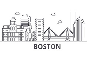 Boston architecture line skyline illustration. Linear vector cityscape with famous landmarks, city sights, design icons. Landscape wtih editable strokes