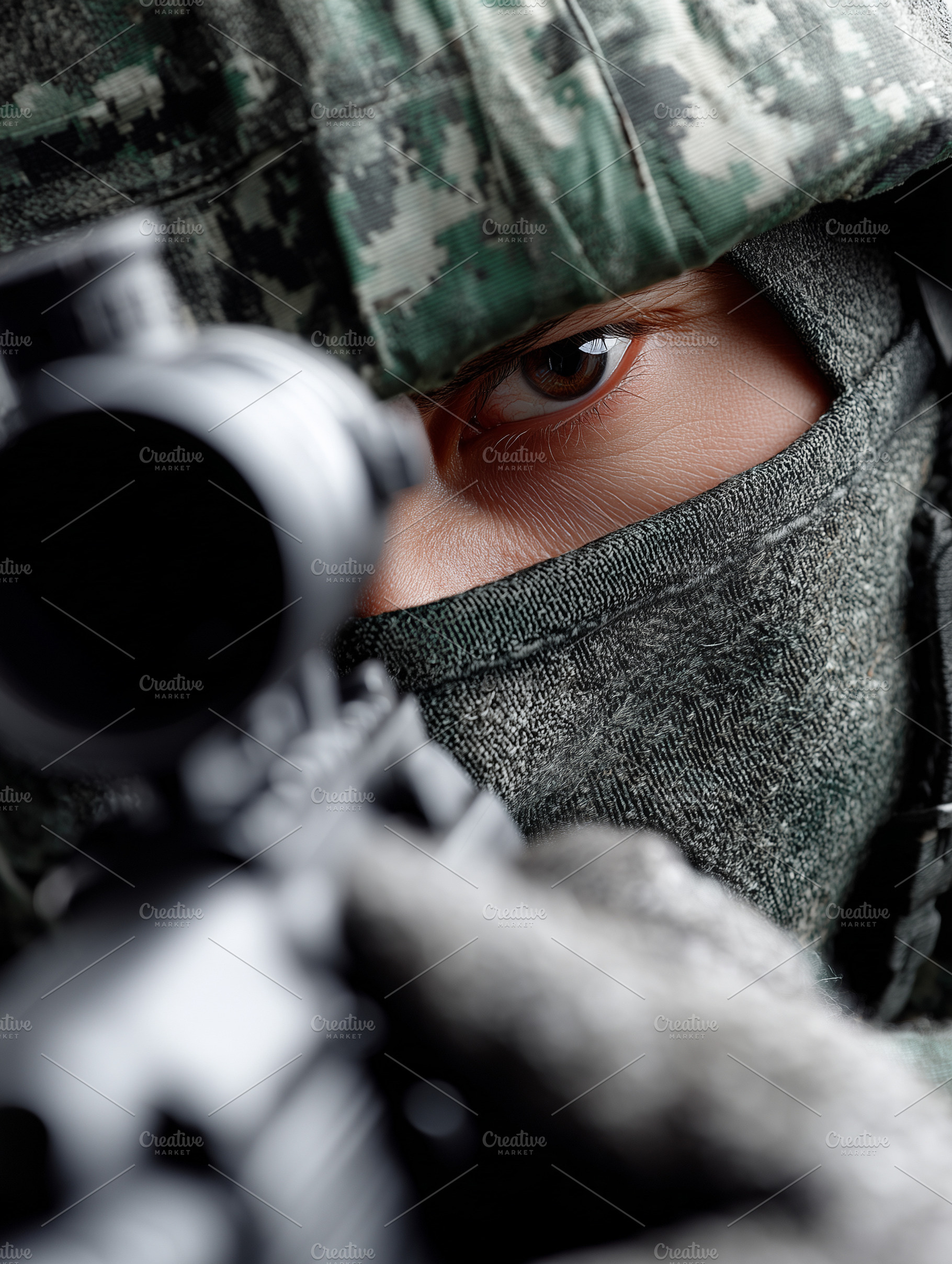 Close up of a masked soldier, a Person Photo by MistyDay