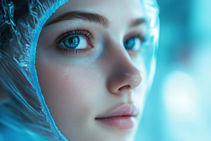 Close-up portrait of a young woman esthetic technologist with striking blue eye, a Person Photo by Textures & Backgrounds