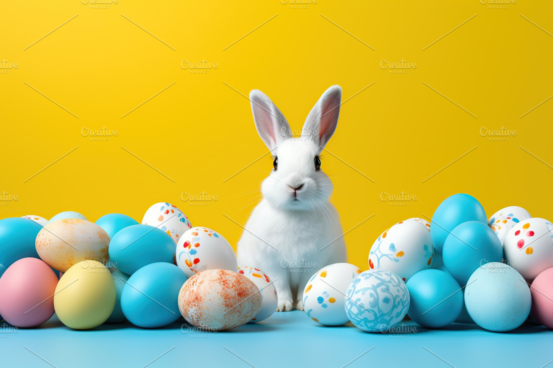 Cute bunny with easter eggs on yellow background, a Holiday Photo by AlyaAnd