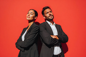 Confident professionals pose together against a vibrant red backdrop during day, a Photo by AlyaAnd