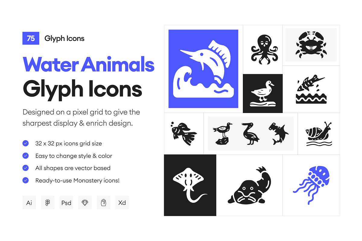Water Animals Icons, a Solid Icon by Prosymbols (Photo 1 of 6)
