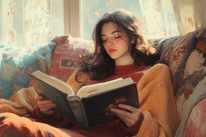 A young woman relaxes on a cozy sofa, a Photo by Pavel_design