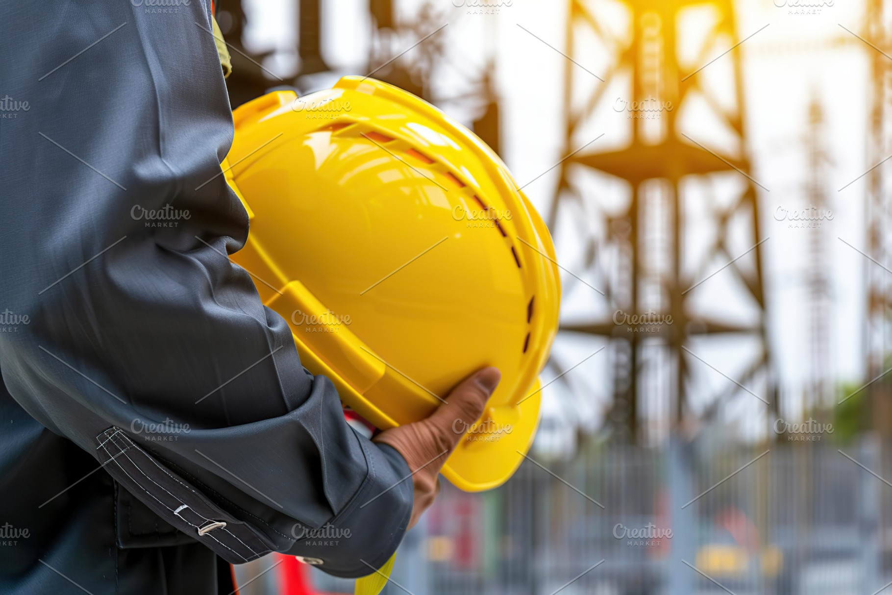 Yellow safety helmet in worker hands on blurred background, an Industrial Photo by AlyaAnd
