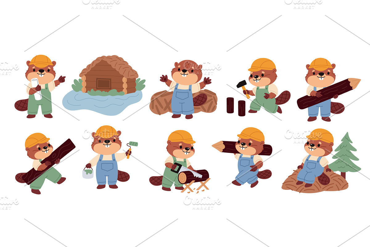 Funny beaver characters. Cute animal, an Animal Illustration by YummyBuum