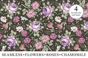 Set Seamless Flowers Roses Chamomile, a Pattern Graphic by Vintage (Thumbnail 1 of 14)