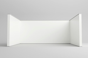 Minimalist white exhibition booth backdrop with side walls., a Background Photo by RF Images