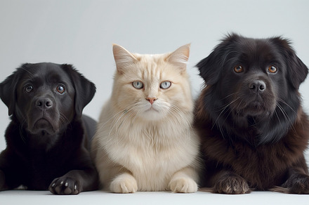 A charming trio: a black Labrador, a fluffy cream cat, and a dark brown dog pos, an Animal Photo by ImageMir