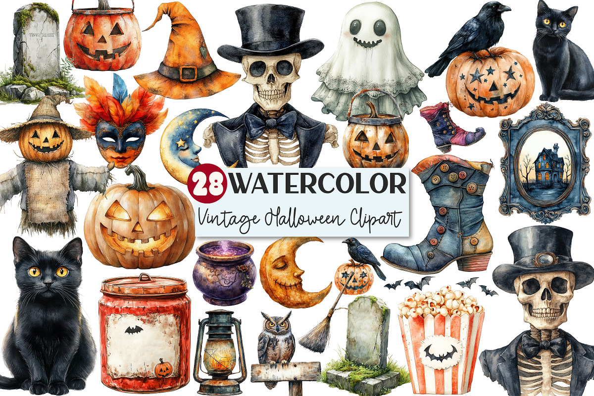Vintage Halloween Clipart, a Seasonal Illustration by Rose Art (Photo 1 of 7)