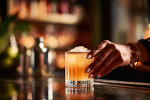 Hand reaching for a drink at the bar