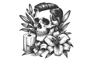 Skull With Lilies Engraving Vector