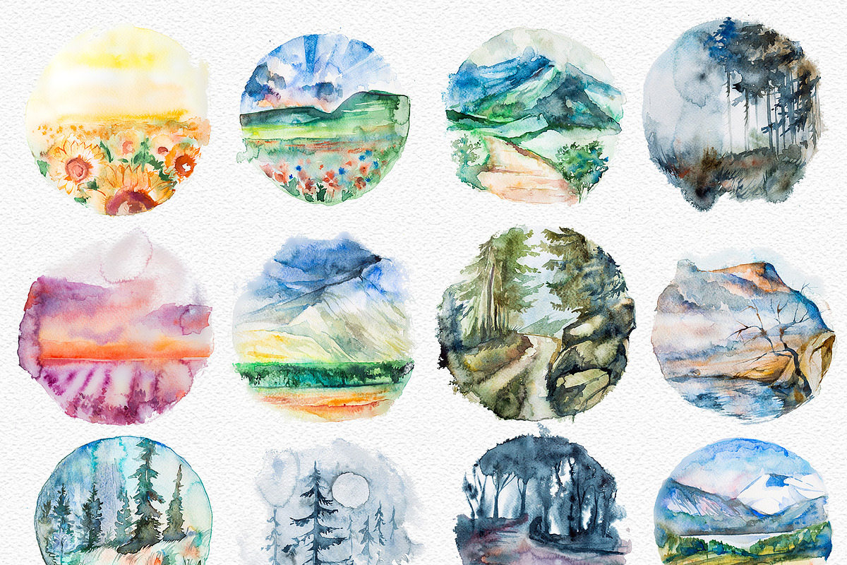Watercolor Landscapes Clipart Set, a Seasonal Illustration by ArtCreationsDesign (Photo 2 of 7)