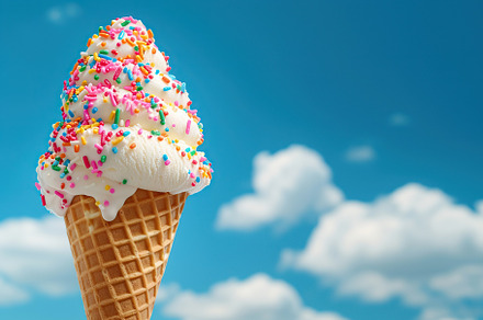 Ice cream with sprinkles in waffle cone on blue sky background, a Food & Drink Photo by AlyaAnd