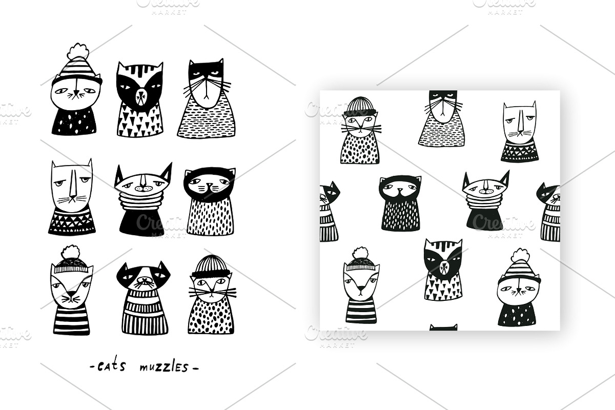 Vector set. Cats muzzles and pattern, a Pattern Graphic by Good Studio (Photo 2 of 5)