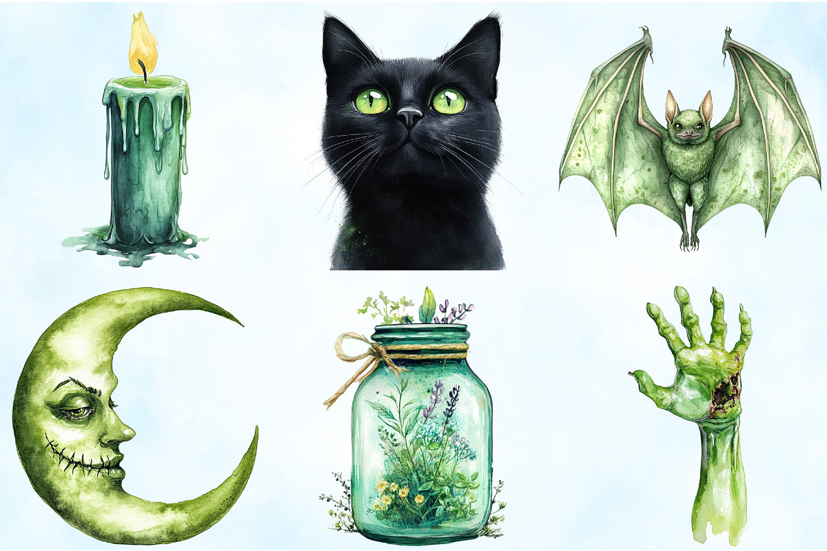 Watercolor Green Halloween Clipart, an Illustration by Craft Nest (Photo 4 of 9)