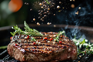 Fresh beef steak on the grill with falling herbs and spices, a Food & Drink Photo by AlyaAnd