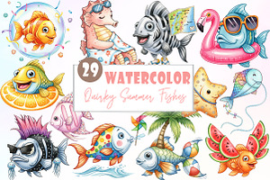 Quirky Whimsical Summer Fishes Clipa, an Illustration by Watercolor design